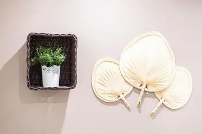 a rattan fan and a potted plant on a wall at Apartamento Las Candelas, Ares in Ares