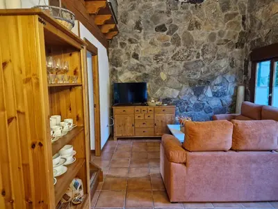 a living room with a couch and a stone wall at El Descanso de Sanabria in Trefacio
