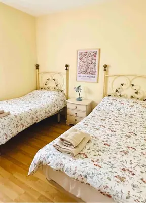 a bedroom with two beds and a dresser with a bedspread at Casa Outeiro in Betanzos