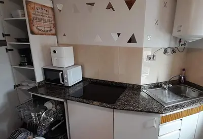 a kitchen counter with a microwave and a sink at La Huella del Peregrino - Ionut Preda in Palas de Rei
