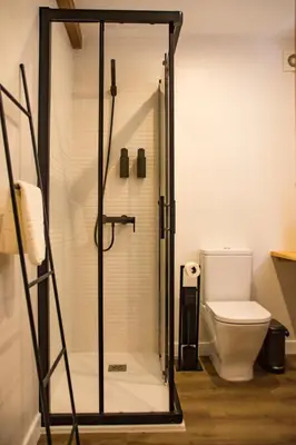 a bathroom with a shower and a toilet at hostal Nomade Santiago in Santiago de Compostela