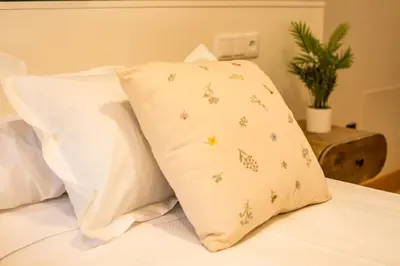 a couple of pillows on a bed with at hostal Nomade Santiago in Santiago de Compostela