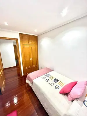 a bedroom with a bed with pink pillows on it at Curros Enríquez MR in Ourense