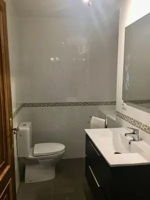 a white bathroom with a toilet and a sink at Casa da Forxa, renovated former forge/ smithy in Lugo