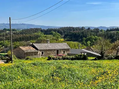 a house in the middle of a field of flowers at Casa da Forxa, renovated former forge/ smithy in Lugo