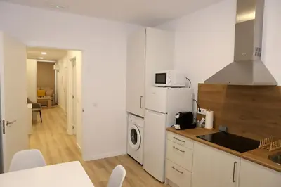 a kitchen with a white refrigerator and a microwave at Pedro Luxury in Padrón
