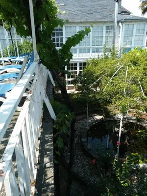 a garden with a white fence and a tree at Pension-Albergue Don Alvaro in Sarria