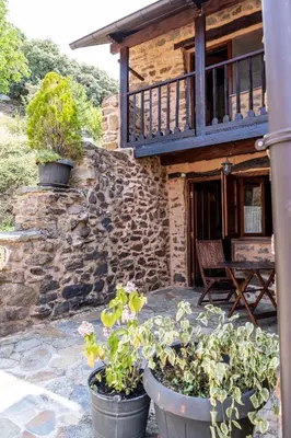 a stone house with two large pots of plants in front of it at Casa de turismo rural Sardom3 in Bembibre
