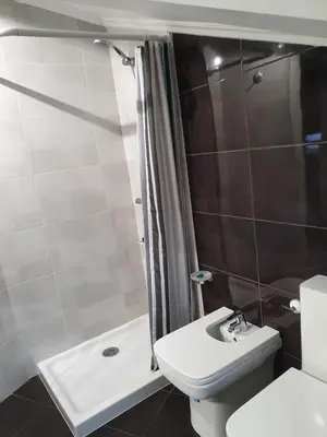 a bathroom with a toilet and a shower and a sink at O pallar in Bardaos