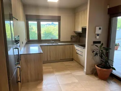 a kitchen with wooden cabinets and a potted plant at La casita del bosque in Lugo