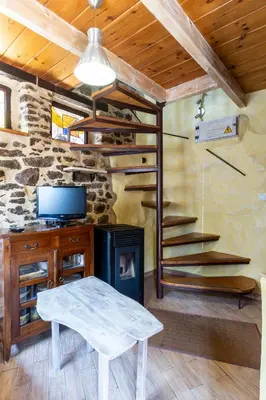 a living room with a fireplace and a wooden ceiling at Casa de turismo rural Sardom2 in Bembibre
