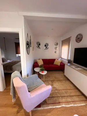 a living room with a red couch and a tv at Las candelas in Astorga