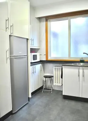 a kitchen with a refrigerator and a sink and a window at Curros Enríquez RD, Céntrico, PLAZA GARAGE in Ourense