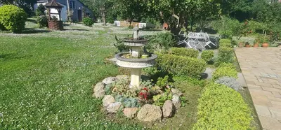 a bird bath in the middle of a garden at Pensión Casa Elena in Reinante