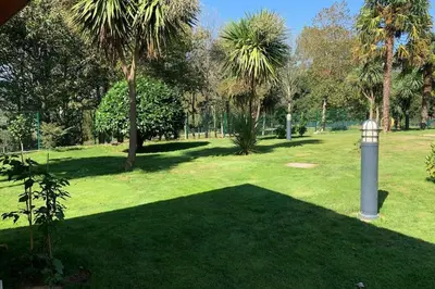a park with palm trees and a pole in the grass at A chousa da folgueira in Ordes