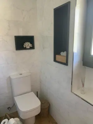 a bathroom with a white toilet and a mirror at A chousa da folgueira in Ordes