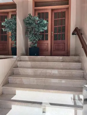 a set of stairs in front of a door with two plants at Army Deluxe in Astorga