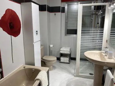 a white bathroom with a red poppy on the wall at Army Deluxe in Astorga