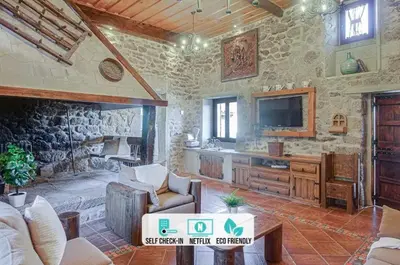 a large living room with a stone wall at Villamia in Coirós