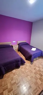 two beds in a room with purple walls and wooden floors at Pensión Río Cenza in Villarino de Conso