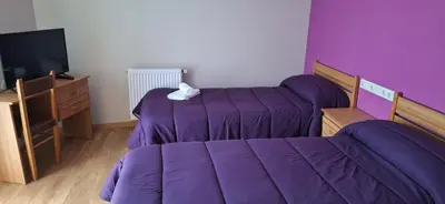 a bedroom with two beds and a tv and purple walls at Pensión Río Cenza in Villarino de Conso