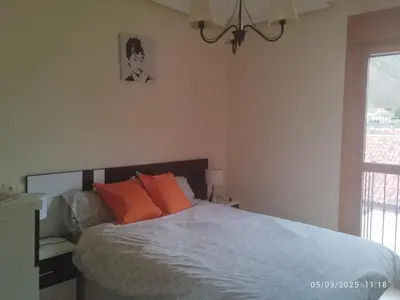 a bedroom with a bed with orange pillows and a window at Ceraca in Pola de Somiedo
