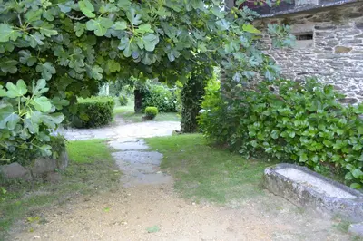 a garden with a stone building and an arch with plants at A Pena de Augasantas in Oca de Abaixo