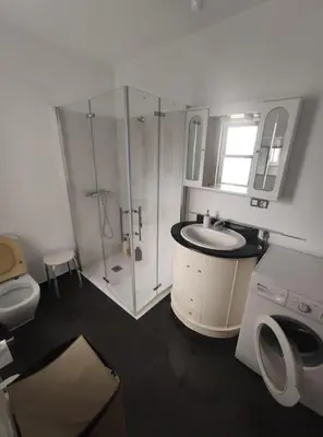 a bathroom with a shower and a sink and a toilet at Mira a Parque in Lugo