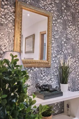 a mirror on a wall with a statue on a shelf at Pensión A Solaina in O Pedrouzo