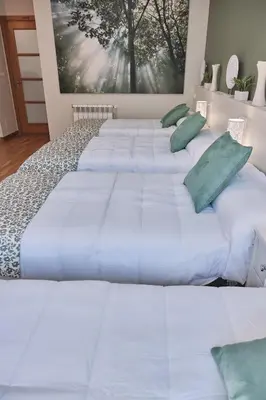 two beds in a room with white sheets and green pillows at Pensión A Solaina in O Pedrouzo