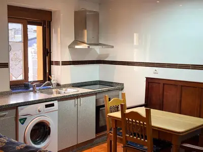 a kitchen with a sink and a table and a washing machine at La Casucha in Caboalles de Abajo