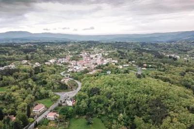 an aerial view of a small town in the mountains at Casa Sancristán. in Sober