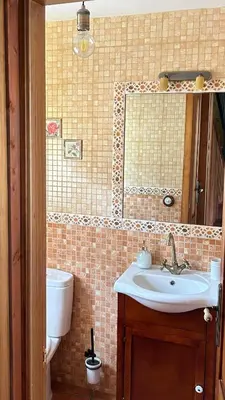 a bathroom with a sink and a toilet and a mirror at Casa Begoña in Igüeña