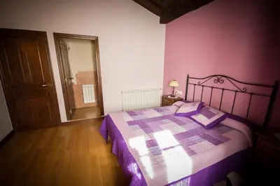 a bedroom with a bed and a mirror and a door at Apartamentos El Sualleiro in Santa Eulalia de Oscos