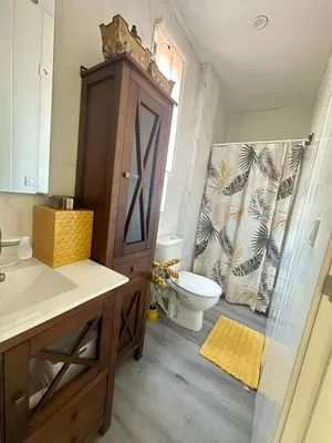 a bathroom with a toilet and a shower curtain at Un rincón romano in Caldas de Reis