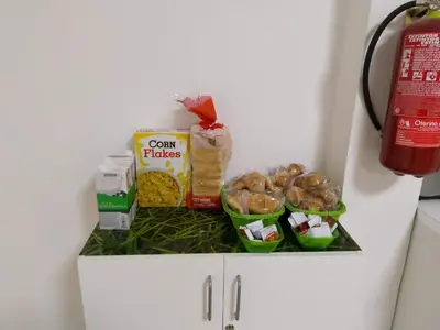 a counter with some food on top of it at Grelo Hostel in Ourense