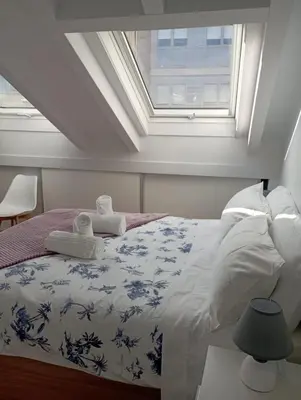a bedroom with a large bed with a skylight at Atico Salvadas in Santiago de Compostela