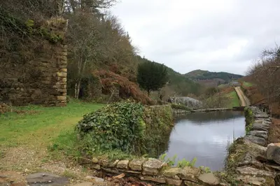 a river with a stone wall next to a field at Apartamentos Rurales Veredas in Santa Eulalia de Oscos