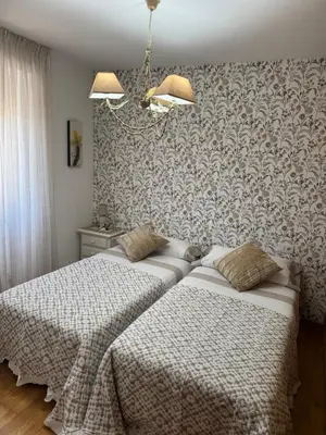 a bedroom with two beds and a wall with wallpaper at Casa San Martiño - Teo in Rua De Francos