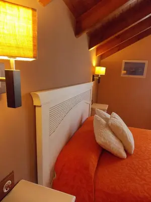 a bedroom with a bed with two pillows on it at Hostal El Recanto in Vega de Valcarce