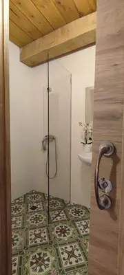 a room with a glass shower in a room at la solana del abuelo Andrés in La Chana