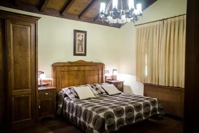 a bedroom with a bed and a chandelier at Casas Rurales Taramundi Verde in Taramundi