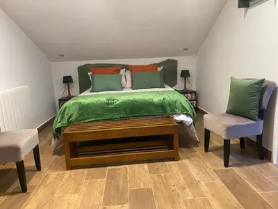 a bedroom with a bed and a tv and a chair at Os Fentos in Pontevedra