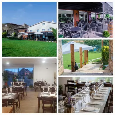 a collage of photos of a restaurant with tables and chairs at Hotel Gastronómico Gandainas in Riós