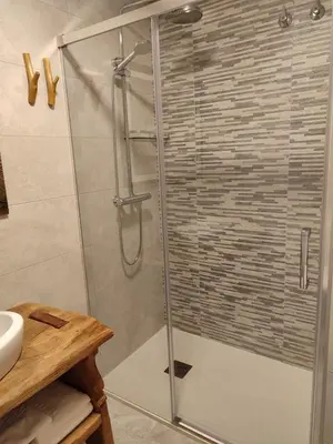 a shower with a glass door in a bathroom at Hotel Gastronómico Gandainas in Riós