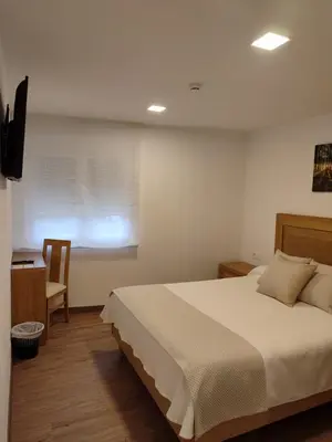 a bedroom with a bed and a desk and a window at Hotel Gastronómico Gandainas in Riós