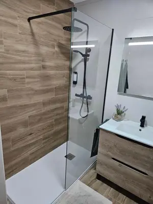 a bathroom with a shower and a sink at El Descanso de Ana in Ourense