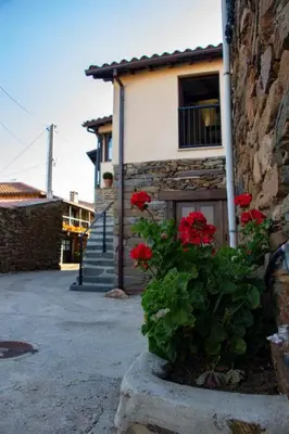 a plant with red flowers in a pot next to a building at Casa Dona Ildara in Doade