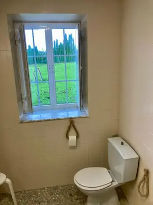 a bathroom with a toilet and a window at A casa de Lago in Lago