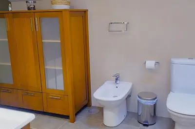 a bathroom with a toilet and a sink and a wooden cabinet at Apartamento Buen Camino in O Pedrouzo